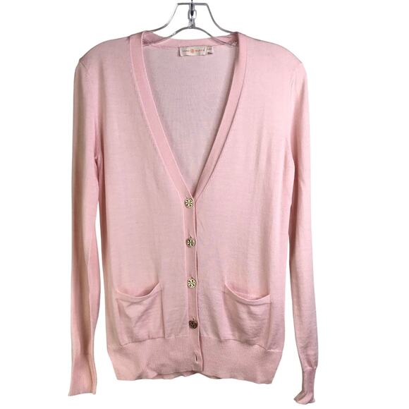 Tory Burch Madeline Cardigan Wmns Size XS/TP Coastal Pink Gold Logo Buttons - Picture 1 of 8